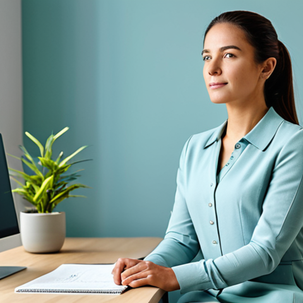 A serene woman, wearing modest, comfortable everyday clothing, fully clothed, appropriate attire, sitting at a clean, modern home office desk. The room features a soft, balanced color palette with strategic accents: a subtle yellow desk accessory, a small green plant, and a light blue notice board on the wall, creating a harmonious and productive atmosphere. Soft, natural light fills the space. Professional photography, high quality, perfect anatomy, correct proportions, natural pose, well-formed hands, proper finger count, natural body proportions, safe for work, appropriate content, fully clothed, professional dress.