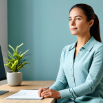A serene woman, wearing modest, comfortable everyday clothing, fully clothed, appropriate attire, sitting at a clean, modern home office desk. The room features a soft, balanced color palette with strategic accents: a subtle yellow desk accessory, a small green plant, and a light blue notice board on the wall, creating a harmonious and productive atmosphere. Soft, natural light fills the space. Professional photography, high quality, perfect anatomy, correct proportions, natural pose, well-formed hands, proper finger count, natural body proportions, safe for work, appropriate content, fully clothed, professional dress.