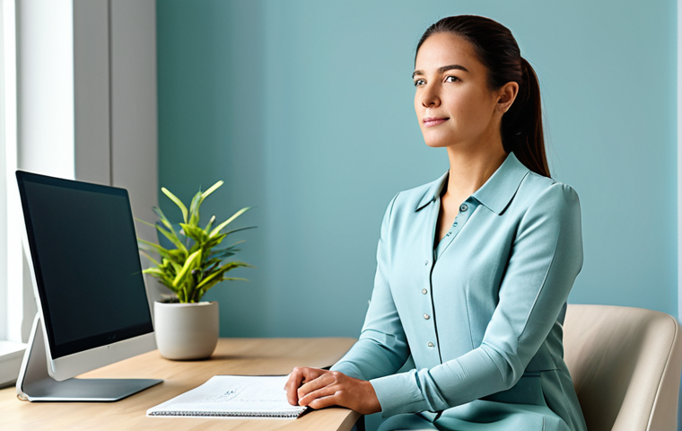 A serene woman, wearing modest, comfortable everyday clothing, fully clothed, appropriate attire, sitting at a clean, modern home office desk. The room features a soft, balanced color palette with strategic accents: a subtle yellow desk accessory, a small green plant, and a light blue notice board on the wall, creating a harmonious and productive atmosphere. Soft, natural light fills the space. Professional photography, high quality, perfect anatomy, correct proportions, natural pose, well-formed hands, proper finger count, natural body proportions, safe for work, appropriate content, fully clothed, professional dress.