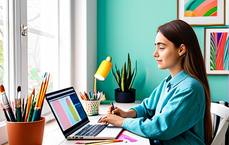 컬러테라피와 사회적 지지의 필요성 - Colorful Workspace**
"A bright and airy home office. A fully clothed woman, in appropriate attire, ...