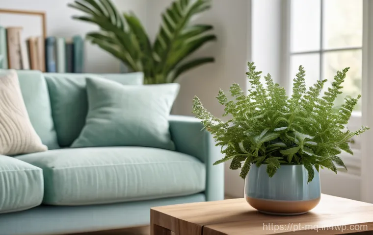 컬러테라피와 스트레스 예방 전략 - Image Prompt 1: Tranquil Living Space with Calming Hues**