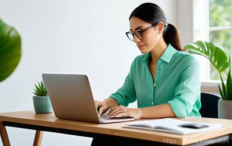 컬러테라피와 삶의 질 향상 연구 - A serene and modern home office bathed in soft, natural sunlight. A focused woman in her early thirt...