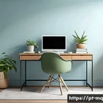 Home 20 컬러테라피 색상 효과에 대한 실제 사례 - A serene home office interior bathed in soft natural light, featuring walls painted in calming shade...