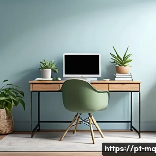 Home 32 컬러테라피 색상 효과에 대한 실제 사례 - A serene home office interior bathed in soft natural light, featuring walls painted in calming shade...