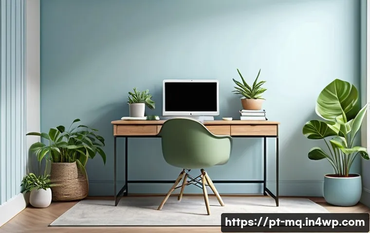 컬러테라피 색상 효과에 대한 실제 사례 - A serene home office interior bathed in soft natural light, featuring walls painted in calming shade...