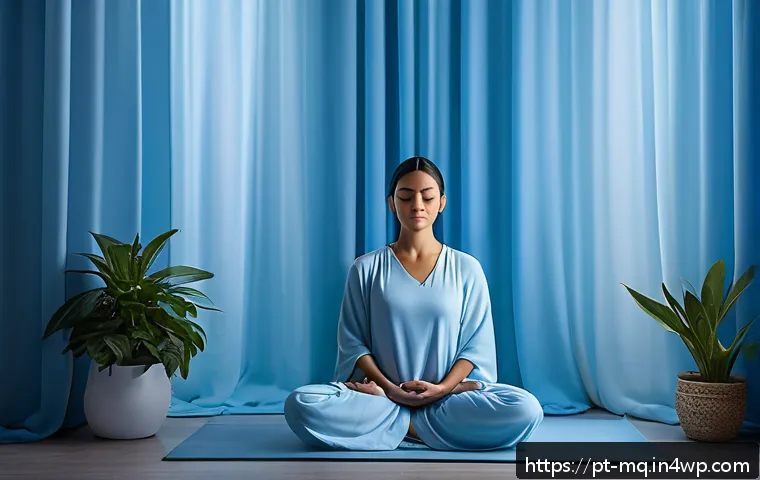 컬러테라피와 명상 결합의 효과 - A serene meditation room bathed in soft blue light, featuring comfortable cushions and gentle flowin...
