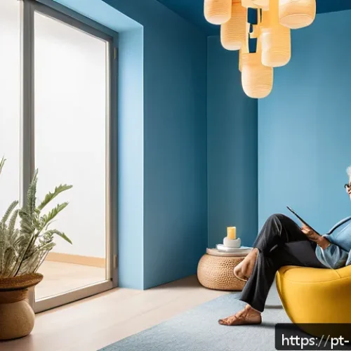 Home 30 컬러테라피의 부작용과 주의할 점 - A modern therapy room bathed in soft natural light, with carefully controlled colored lighting fixtu...