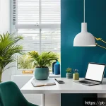 Home 23 컬러테라피를 통한 창의력 증진 방법 - A modern home office space designed to enhance creativity and focus, featuring a calming blue accent...