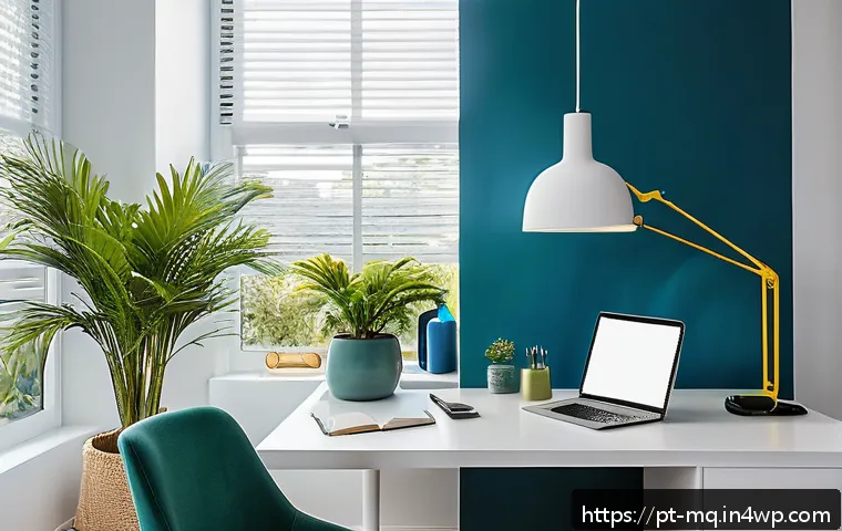 컬러테라피를 통한 창의력 증진 방법 - A modern home office space designed to enhance creativity and focus, featuring a calming blue accent...